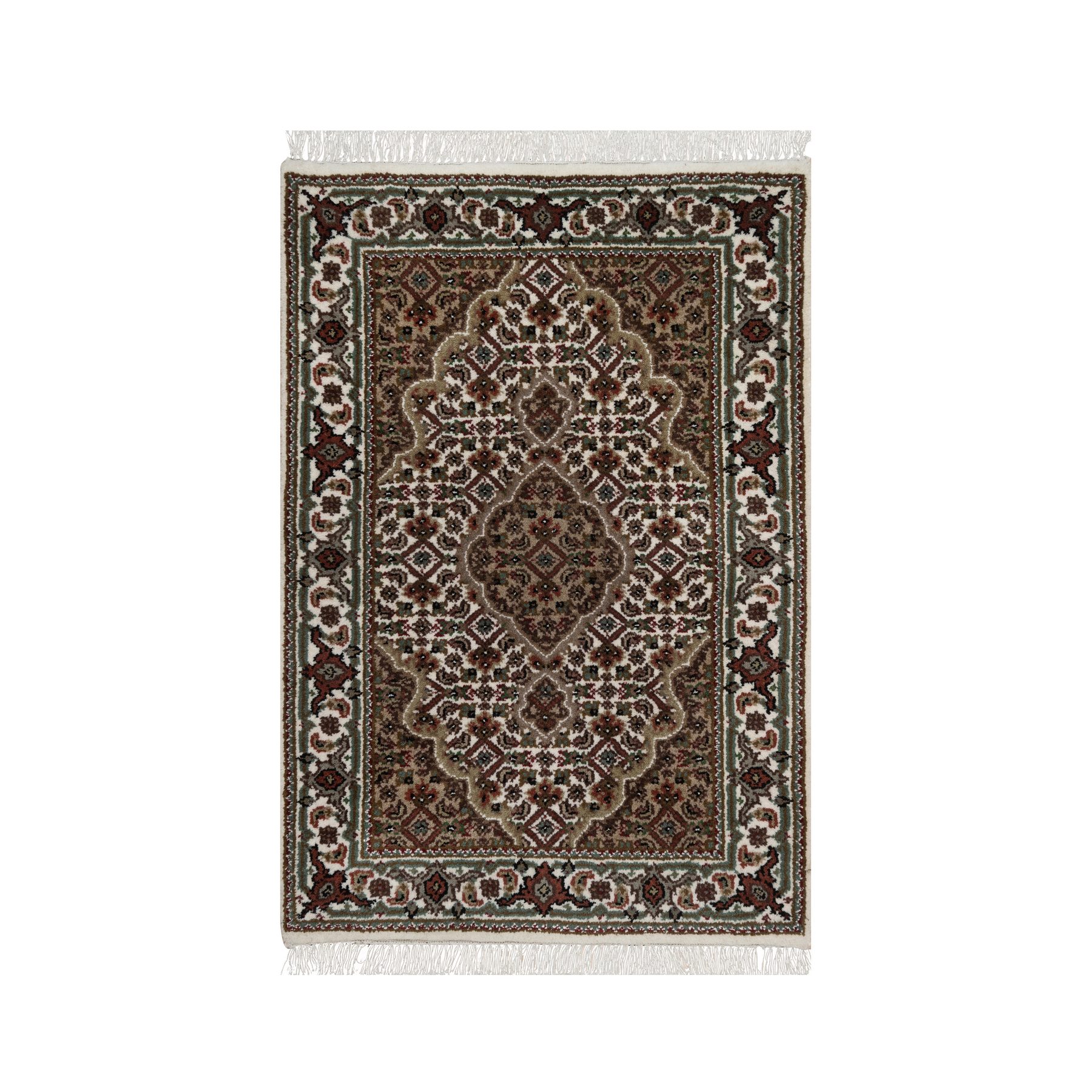 Pearl White, 175 KPSI, Tabriz Mahi with Fish Medallion Design, 100% Wool, Hand Knotted, Sample, Mat, Oriental Rug
